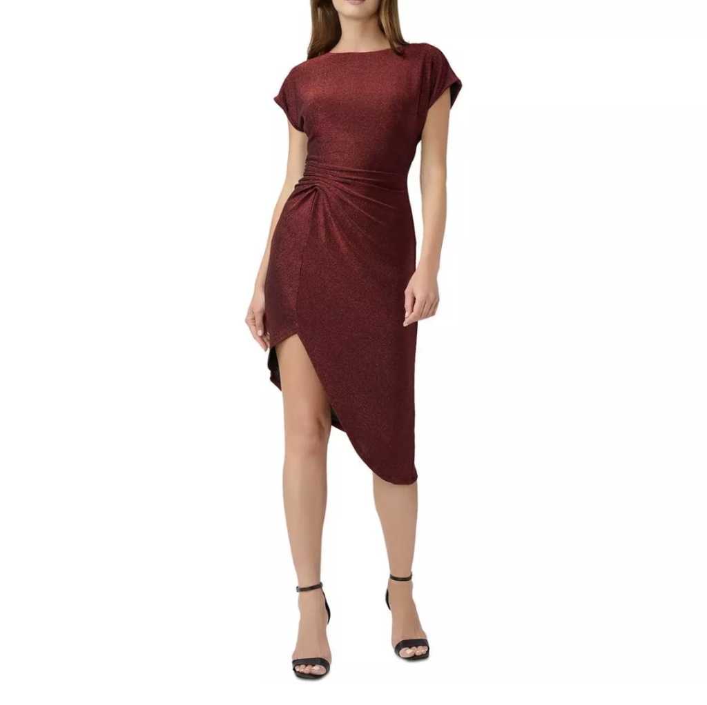 Aidan By Aidan Mattox Womens Red Metallic Front Gather Sheath Dress Size 12